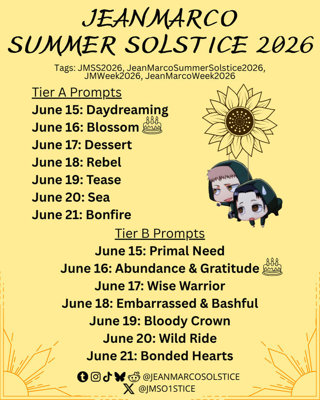 JeanMarco Summer Solstice 2026 Tags: JMSS2026, JeanMarcoSummerSolstice2026, JMWeek2026, JeanMarcoWeek2026 Tier A Prompts June 15: Daydreaming June 16: Blossom 🎂 (Marco's Birthday) June 17: Dessert June 18: Rebel June 19: Tease June 20: Sea June 21: Bonf